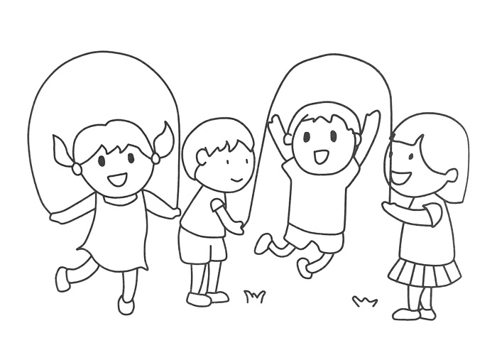4位小朋友在一起做跳繩游戲的簡(jiǎn)筆畫(huà)圖片