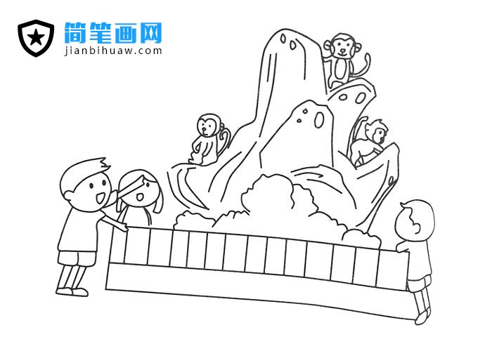 小朋友們?cè)趧?dòng)物園觀看猴子的簡(jiǎn)筆畫(huà)圖片