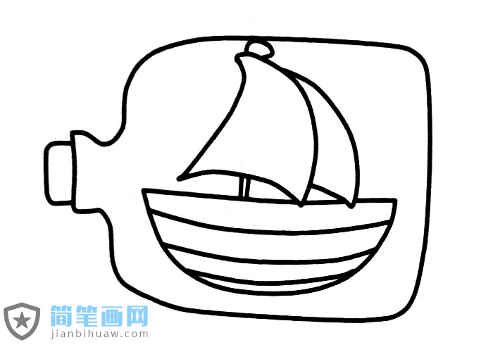 一個(gè)里面藏有小帆船的漂流瓶簡(jiǎn)筆畫