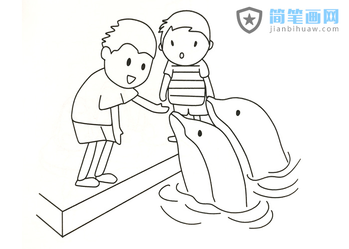 小朋友與海豚互動的簡筆畫圖片