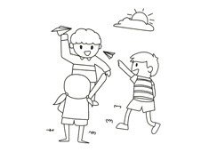 三位小朋友在戶外玩紙飛機的簡筆畫圖片