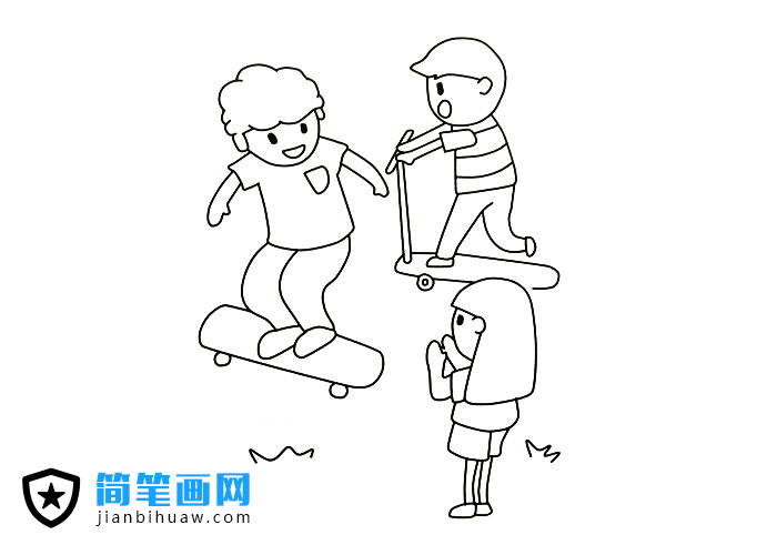 小朋友們一起玩滑板的簡筆畫圖片