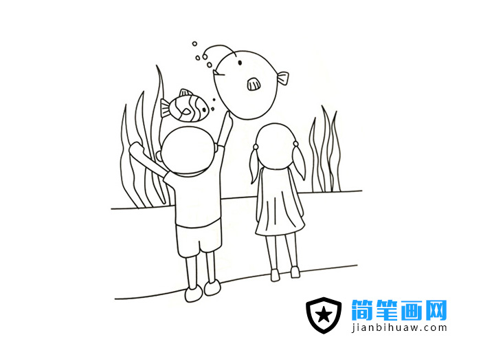 小朋友們參觀南京海底世界簡筆畫圖片