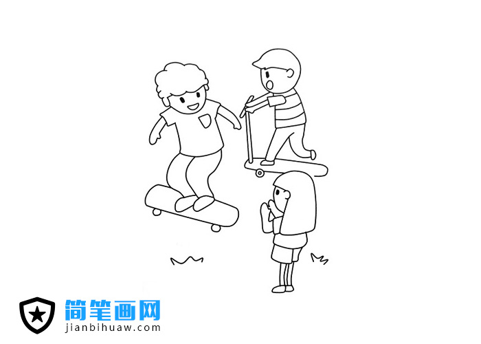 三個(gè)小朋友在玩滑板車的簡筆畫圖片