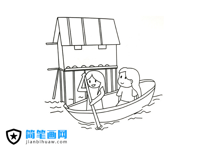 小女孩和媽媽在公園里劃船的簡筆畫圖片