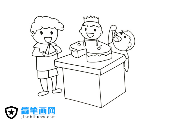 小朋友過生日一起吃蛋糕的簡筆畫圖片