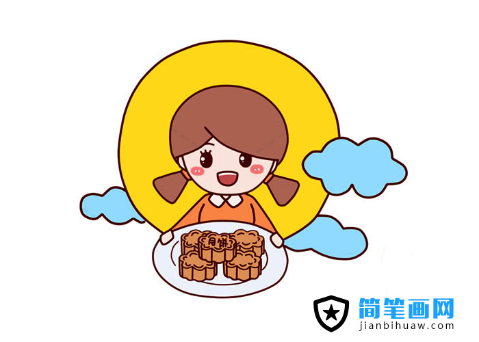 中秋節(jié)小朋友端著一盤月餅的簡(jiǎn)筆畫圖片