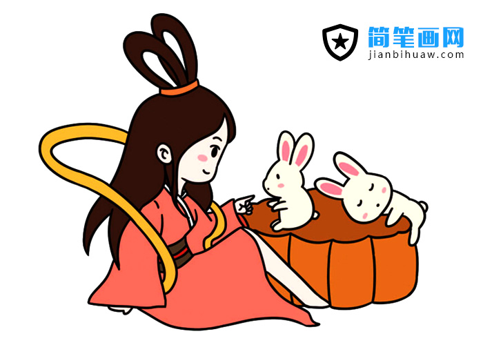 嫦娥在和兩只小兔子玩耍的簡(jiǎn)筆畫(huà)圖片