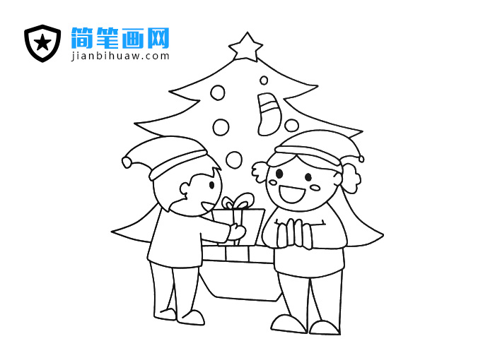 兩位小朋友圣誕節(jié)交換禮物的簡筆畫圖片