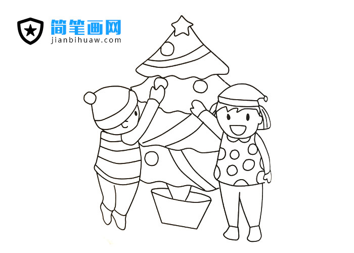圣誕節(jié)兩位小朋友摘圣誕樹上蘋果的簡(jiǎn)筆畫圖片