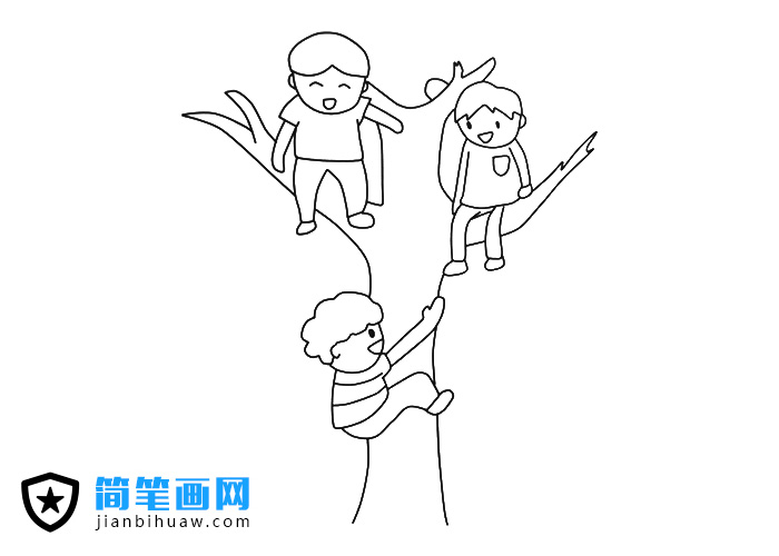 三位小朋友在爬樹的簡筆畫圖片