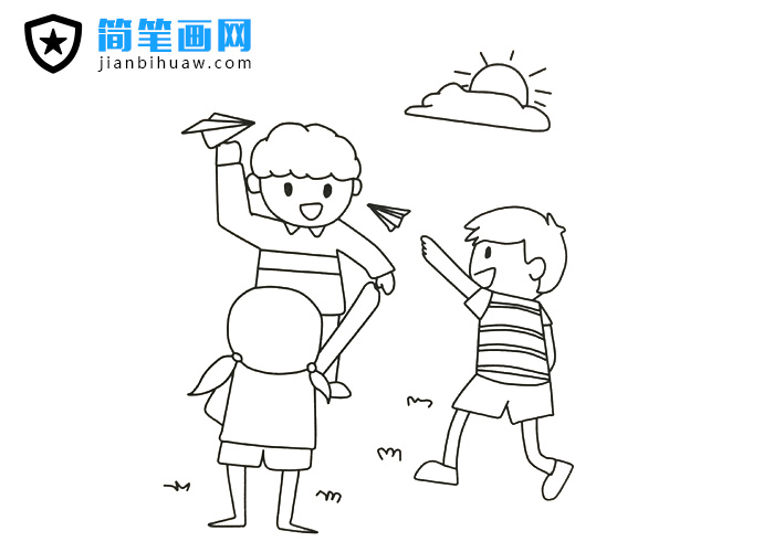 三位小朋友在戶外玩紙飛機(jī)的簡(jiǎn)筆畫圖片
