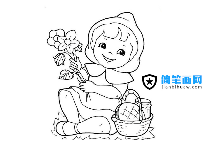 手拿花兒的小紅帽簡(jiǎn)筆畫圖片