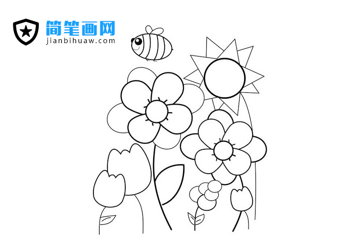花叢中的小蜜蜂簡筆畫圖片