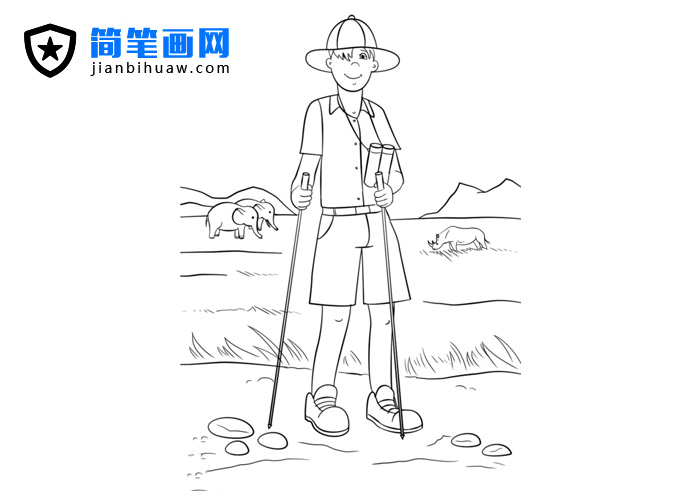 戶外徒步探險(xiǎn)人物簡筆畫圖片