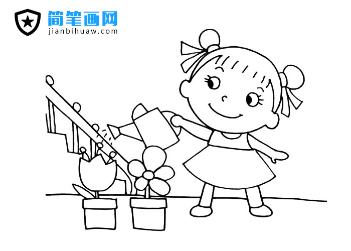 小女孩子在家里澆花的簡筆畫圖片
